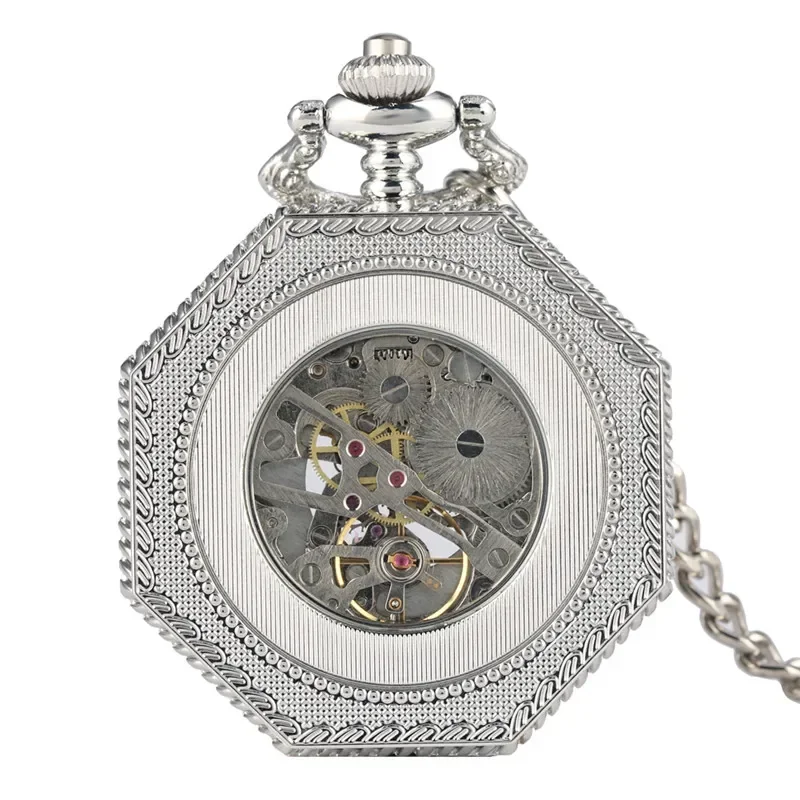 Silver Hollow Octagon Men Women Hand-winding Mechanical Pocket Watch Skeleton Clock Roman Number Dial Pendant Chain Reloj