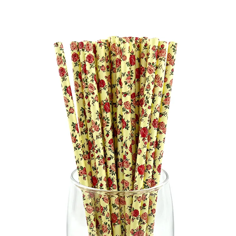 25Pcs Party Paper Straws Rose Flower Straws Wedding Birthday Decor Party Straws for Drinks Baby Shower Valentine's Day Supplies