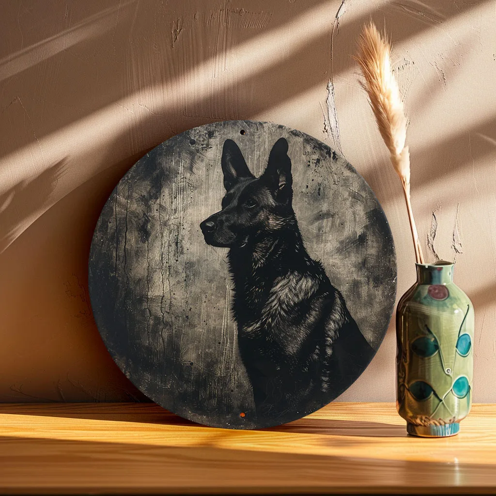 2D Flat - 1pc German Shepherd Metal Wall Art, 20x20cm Round Iron Sign - Weather-Resistant, High-Definition Print for Indoor & Ou