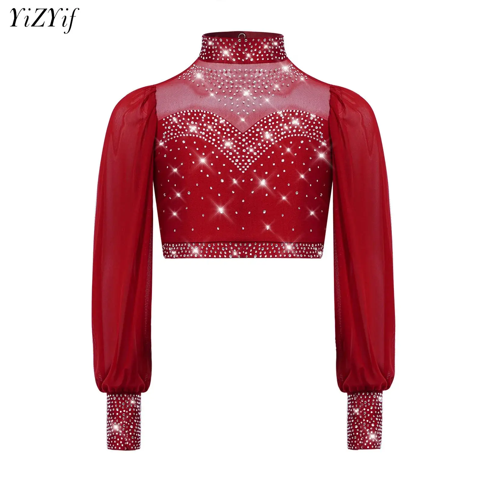 

Kids Girls Lyrical Dance Tops Stage Cheerleading Gymnastics Performance Costume Sheer Mesh Long Sleeves Cutout Back Crop Tops