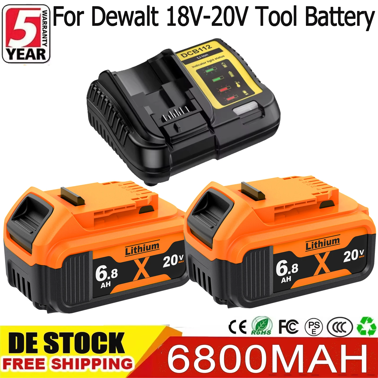 Batterie de remplacement 6800mAh DCB200 pour Dewalt DCB184 DCB200 DCF892 DCF845 DCF850 DCF911 DCD805, batterie d'outil 18V-20V avec chargeur