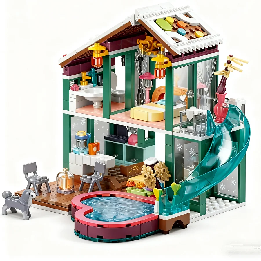 Sluban 0961 Hot Spring Holiday House Building Block Toy Model Educational DIY Assembled Building Block Toy, Home Decoration