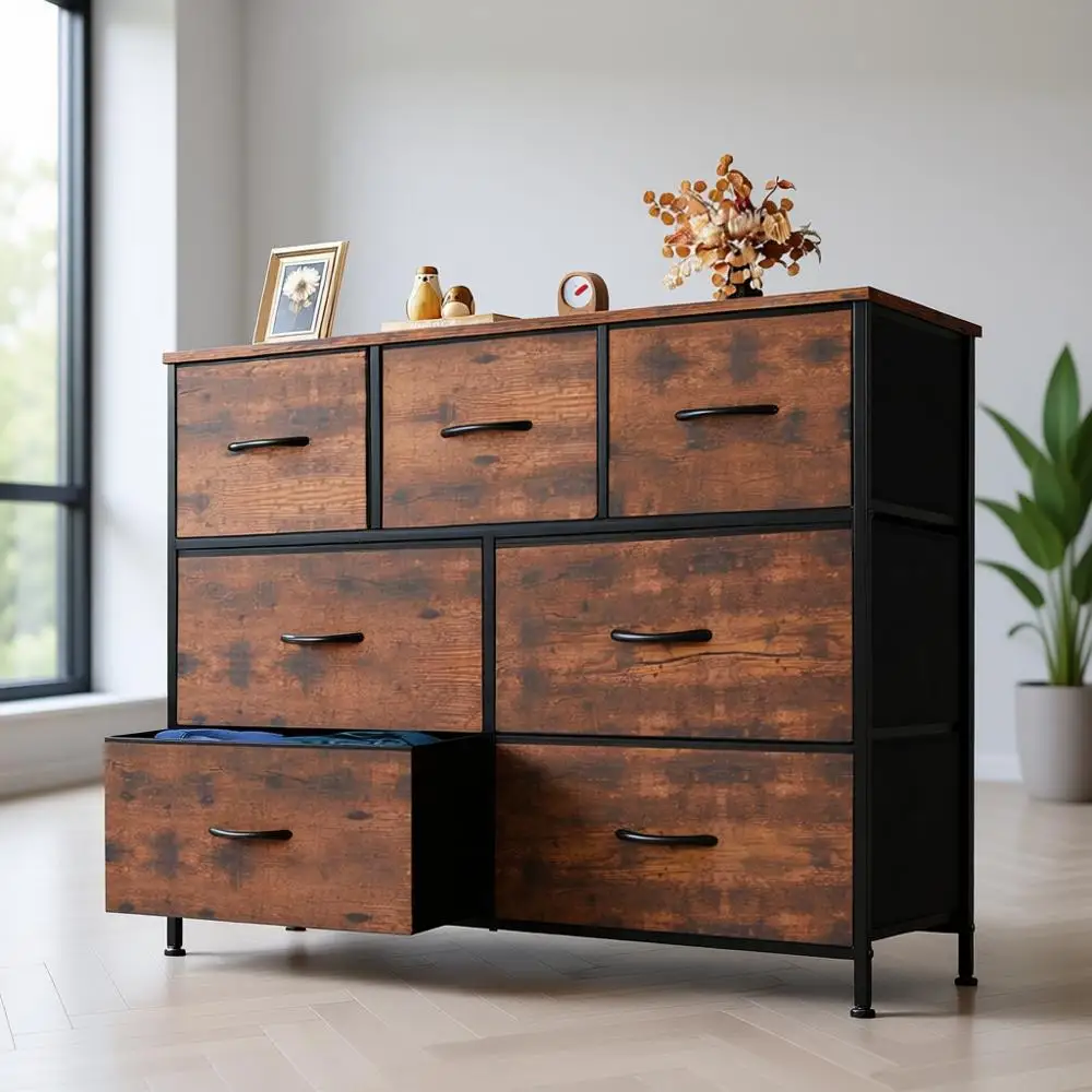 

7-Drawer Storage Tower with TV Stand Organizer, Sturdy Steel and Wood Top, Ideal for Bedroom or Hallway, Brown