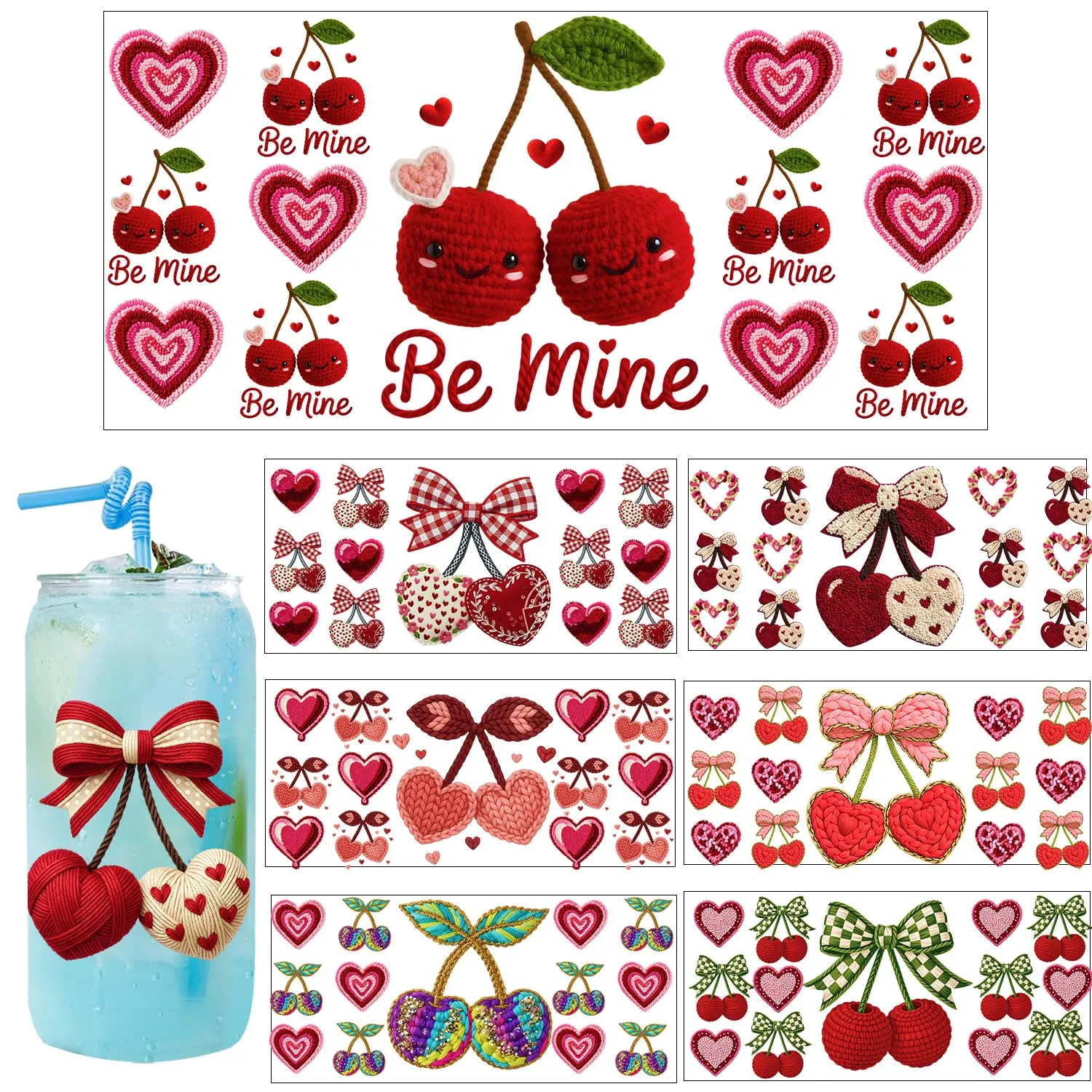 Valentine's Day cherries UV DFT waterproof Party DIY Decals 3D transfers uvdtf tumbler seal stickers 16oz uv dtf cup wraps