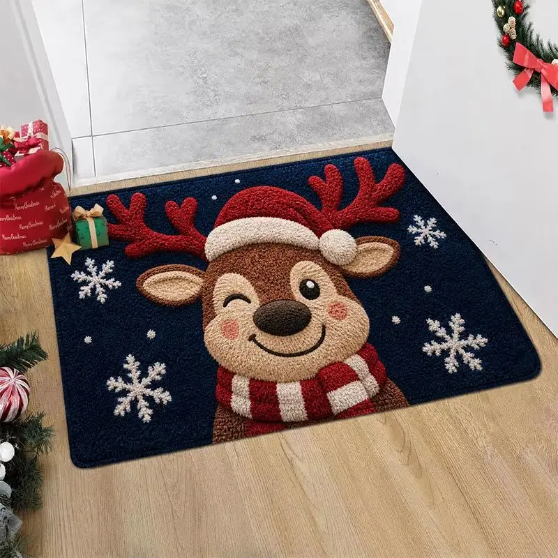 VIKAMA Christmas Reindeer Doormat Deer Santa Hat Stripe Scarf, Dark Blue Welcome Mat Front Door, Non Slip Indoor Rug, Xmas 2027