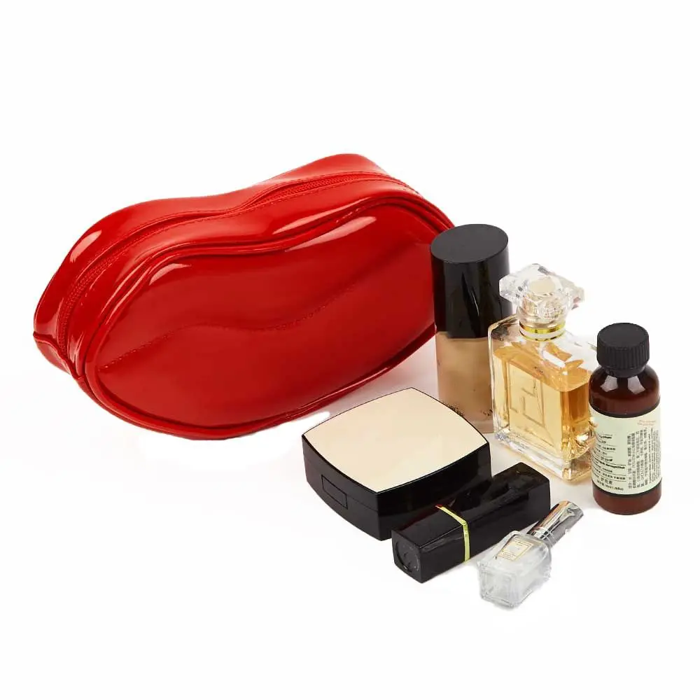 Patent Leather Fashion Sexy Red Lip Shape Cosmetic Bag Female Zipper Travel Large Capacity Storage Bag Casual Makeup Bag