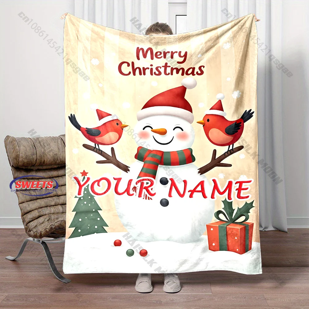 Custom Name Christmas Snowman Cardinal Bird Blanket Flannel Throw Kids Xmas Gift Soft Skin-Friendly blanket,all seasons Blanket