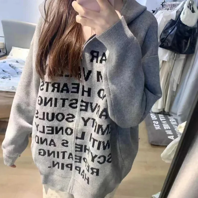 

Letter Printed Knitted Cardigan Women Autumn Winter Same Style American Street Oversized Lazy Style Slogan O-neck Hooded Top New