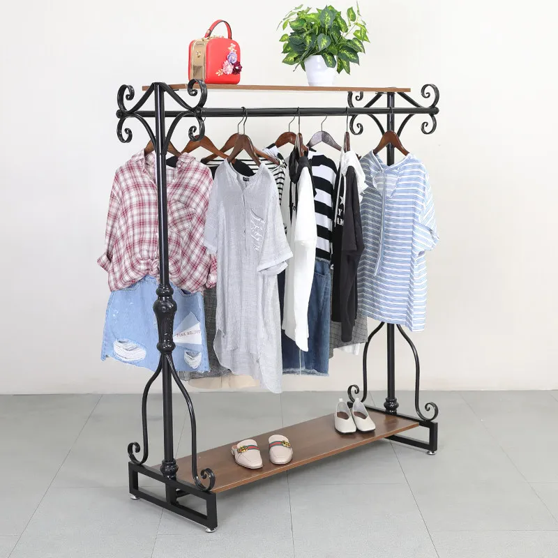 Wrought iron clothing store display rack Floor-to-ceiling clothes rack Store middle hanger display rack Double row middle