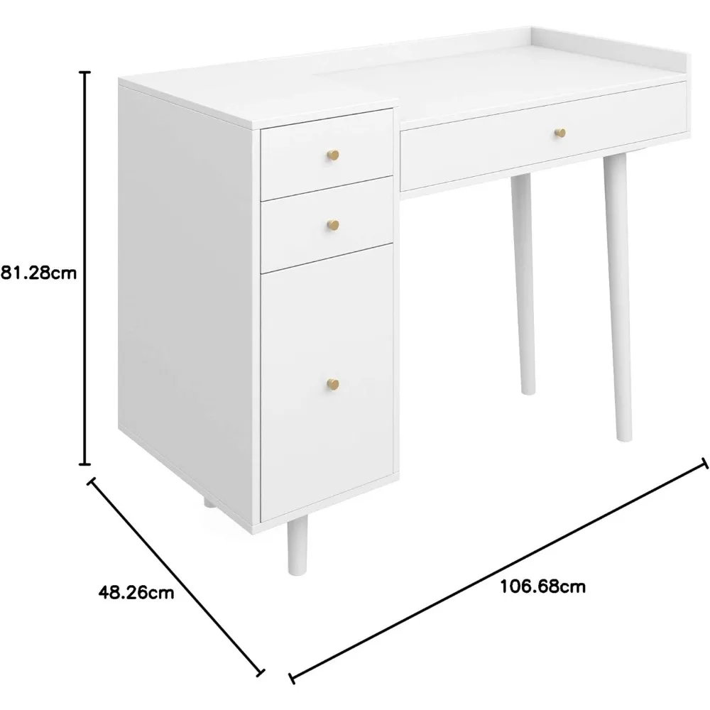 Nathan James Daisy Vanity Dressing Table or Makeup Desk with 4-Drawers and Brass Accent Knobs, White Wood