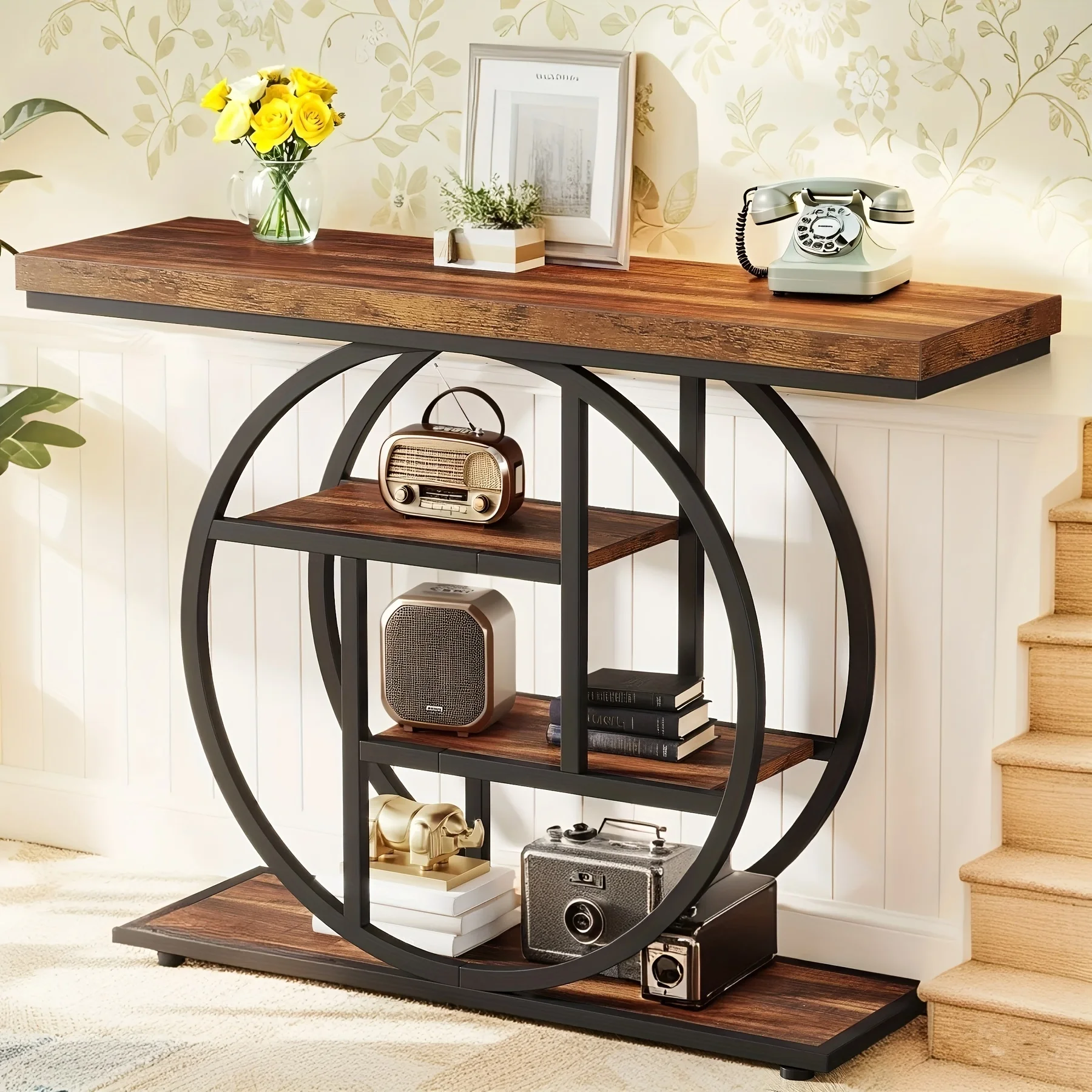 

Rustic Modern 41.3" Console Table with 4-Tier Storage Shelves - Engineered Wood & Oak Sofa Table Suitable for Living Room