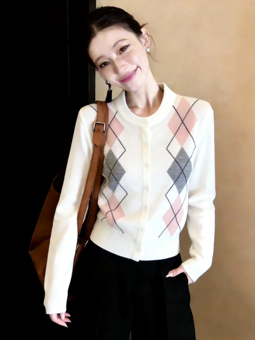 Retro Color Block Diamond Pattern Knitted Open Cardigan Women's Spring Summer Slim Fit round Neck Korean Style Top view 2
