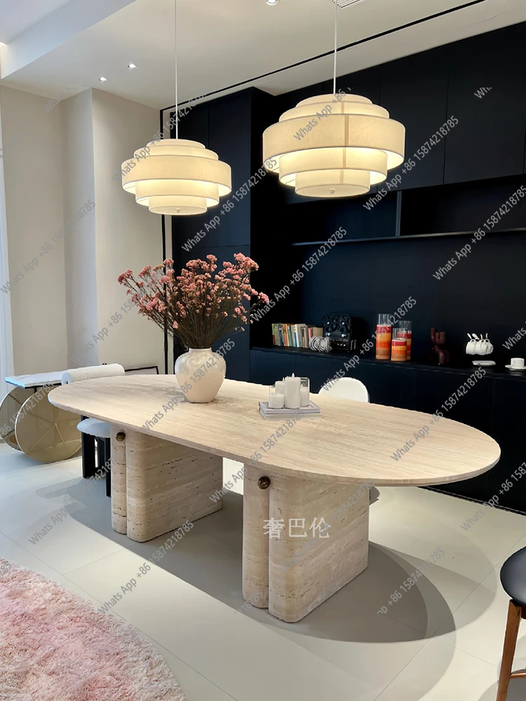 

Retro natural travertine dining table Middle ancient Italian minimalist natural marble oval dining table Modern simplicity