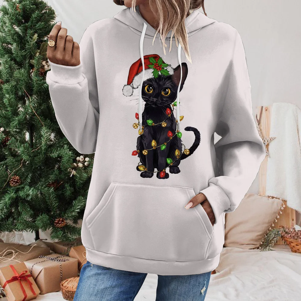 Personalized And Fun Cat Print Christmas Women\'s Fashions Hoodie For Autumn And Winter Comfortable Long Sleeved O-Neck Tops 2024