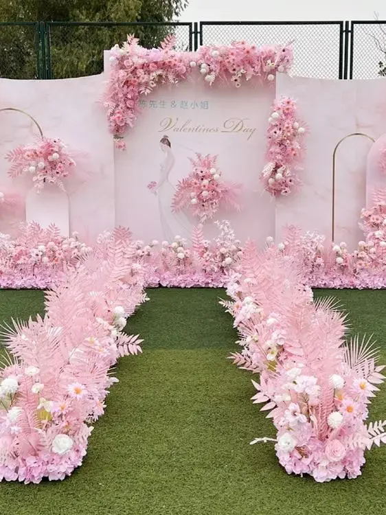 

New wedding pink flower arrangement corner flower row flower road wedding stage T stage welcome area