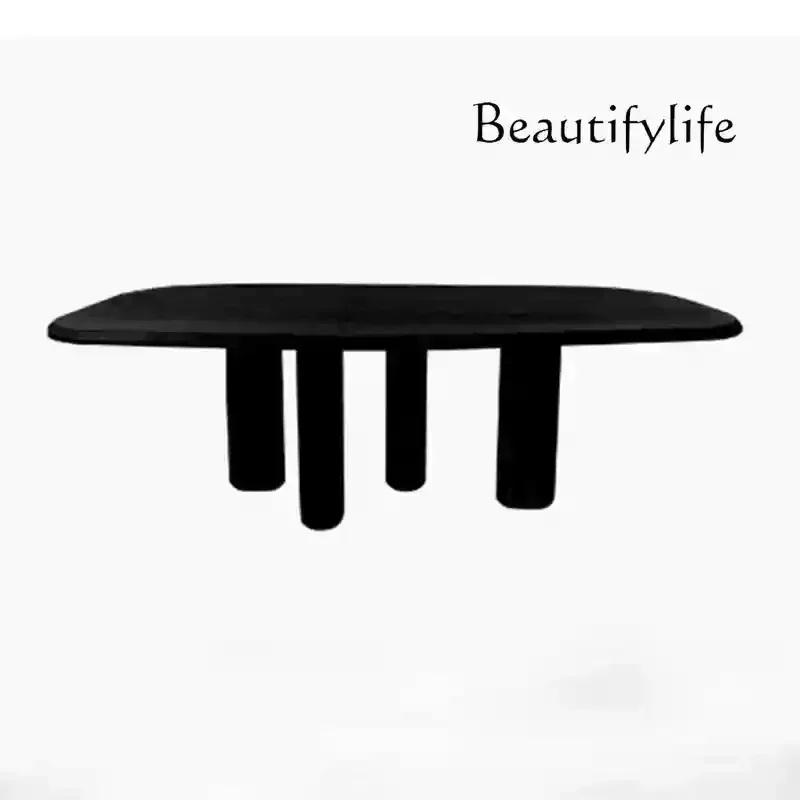 

Medieval solid wood dining table designer model, silent wind French retro black special-shaped dining table oak