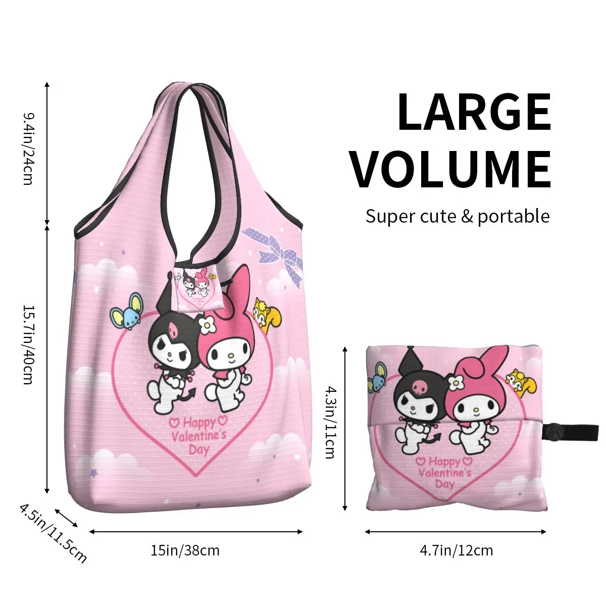 Bolsa de compras Kawaii Kuromi Sanrio Anime, bolsas ecológicas de comestibles plegables, bolsas de reciclaje de melodía de gran capacidad, bolso de mano lavable