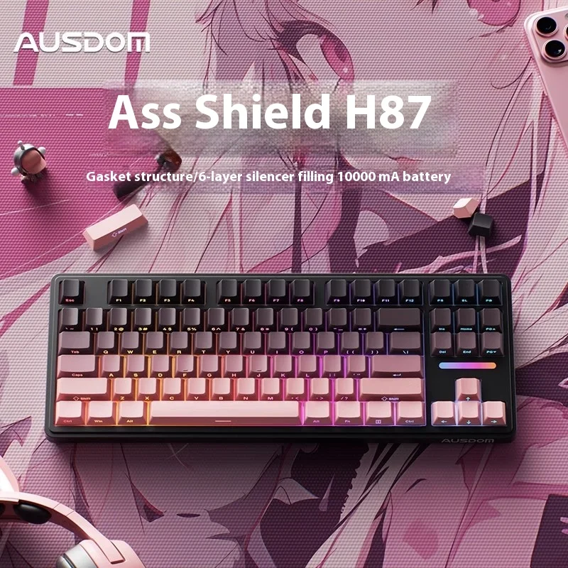 Ausdom H87 Mechanical Keyboard 3modes 87keys Gasket Mount Hot Swap Pbt Cherry Keycaps Rgb Keyboard Custom Gift Fr4 1.2mm Pcb