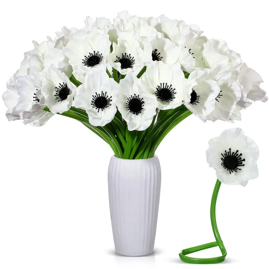 

42 Pcs Artificial Poppy Flowers Bulk PU Silk Poppy Flowers 11 Inch Anemone Stems Artificial Floral Table Centerpiece Decor for H