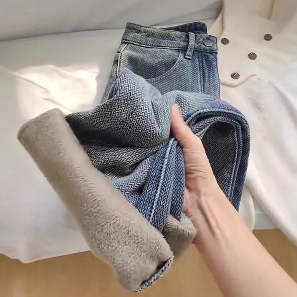 Autumn Winter Thicken Fleece Jeans Women Fashion High Waist Straight Leg Warm Thick Denim Pants Long Solid Commute S-XL Trousers