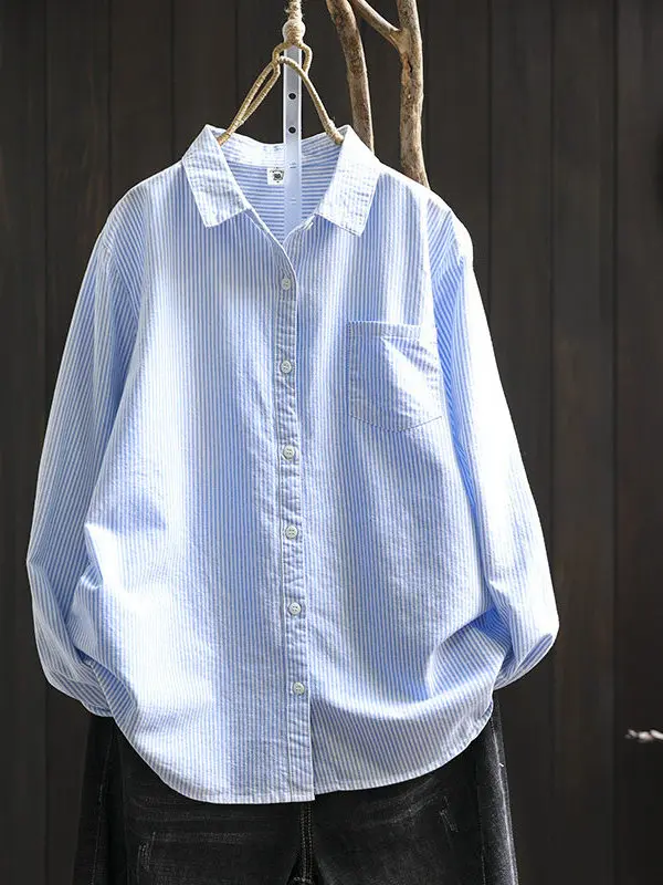 Camisa Larga de Algodón Puro Artístico con Rayas Azules para Mujer, Ropa Casual de Primavera 2026, Estilo Holgado para el Trabajo, Cuello Redondo