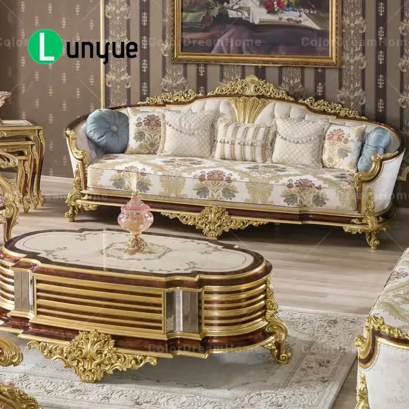 Luxury Turkish Style Living Room Sofa Cover Hand Carved Wooden Frame Gold Accent Furniture Home Decor Elegant Design