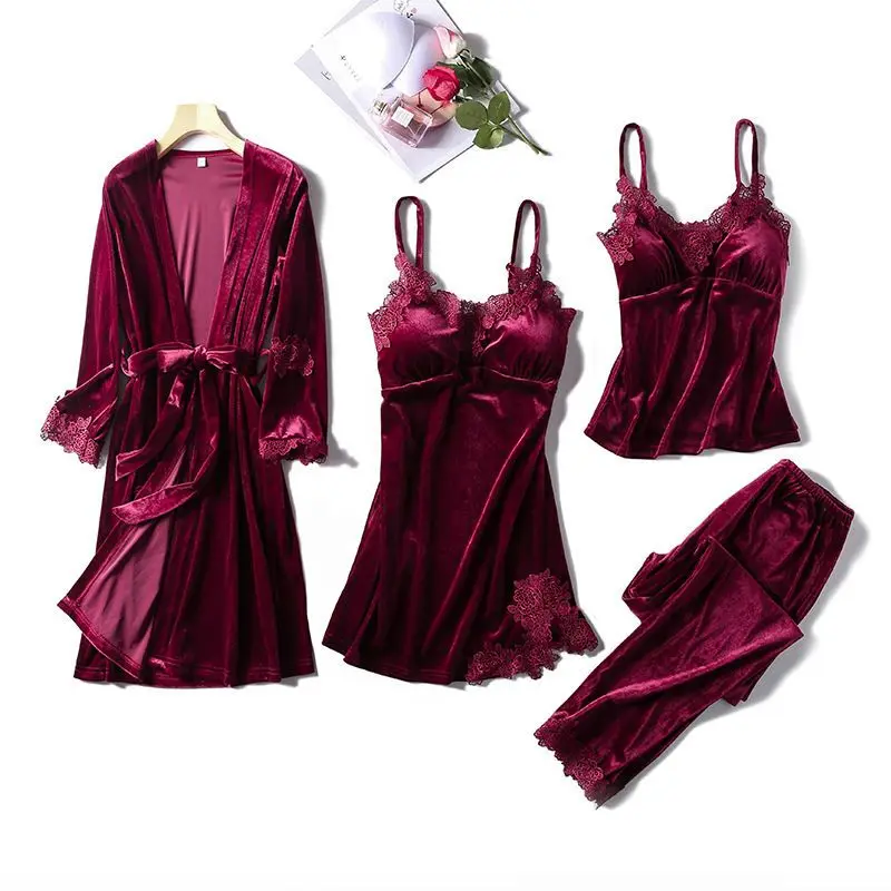 

4PCS Sleepwear Sleep Suit Sexy Womens Lace Pajamas Sets V-Neck Satin Pijamas Intimate Lingerie Spring Nightwear Home Wear PJS