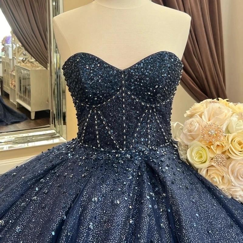 Navy Blue Glitter Crystal Sequined Ball Gown Quinceanera Dresses Off The Shoulder Beading Corset Vestidos De 15 Años