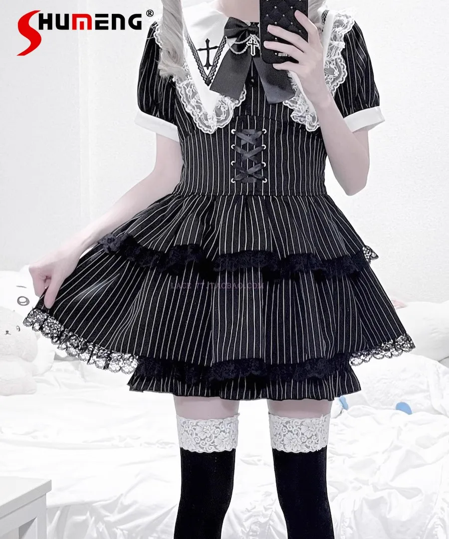 

Japanese Mine Style Lace Splicing Embroidery Doll Collar Bubble Sleeve Slim Dress Elastic High Waist Shorts Two-piece Sets Women