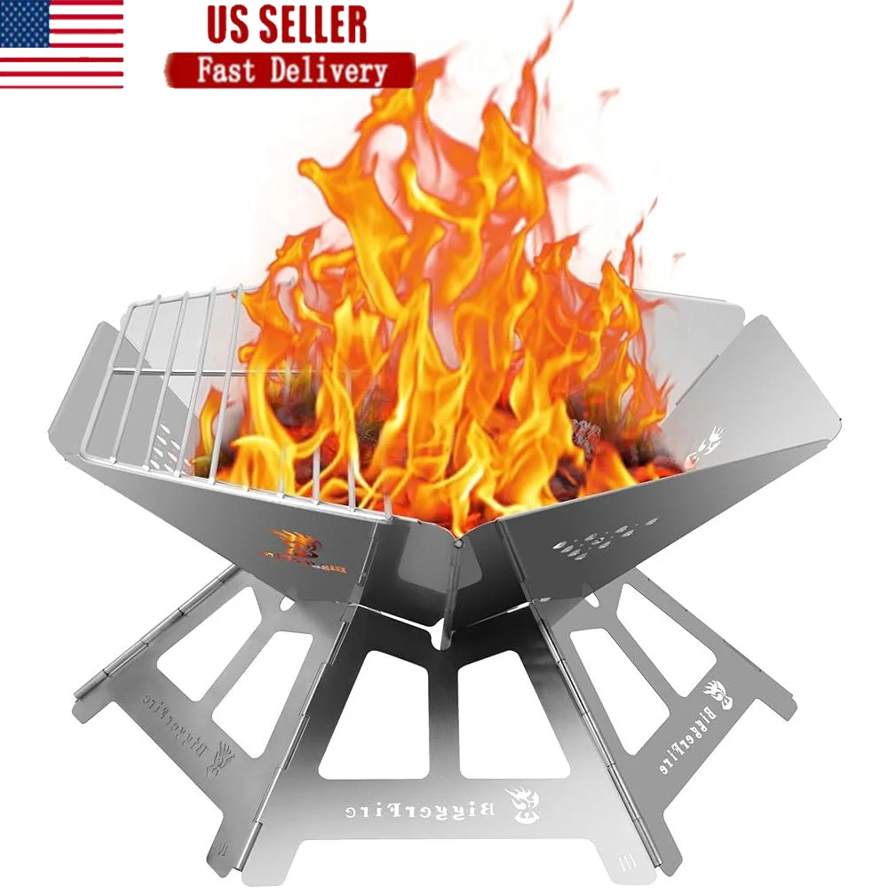 

Foldable Portable Fire Pit Stainless Steel Outdoor BBQ Grill with Charcoal Net Carrying Bag Lightweight Campfire Heat Source