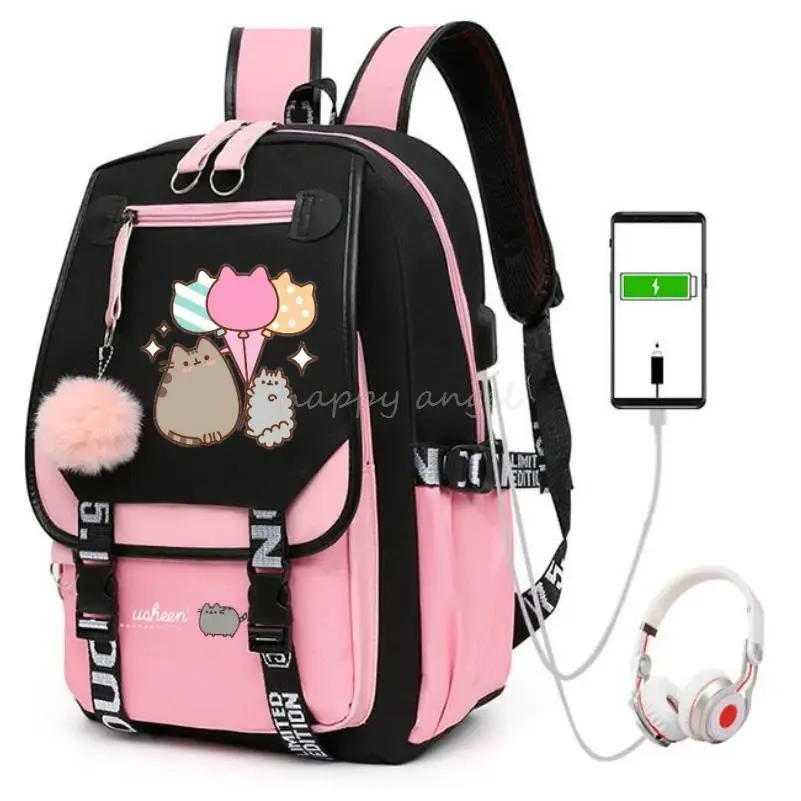 Hot Fat Cat Backpack Girl School Bag for Teenage College Wind Women SchoolBag High Student Bag Purple Canvas Bundle Usb Backpack