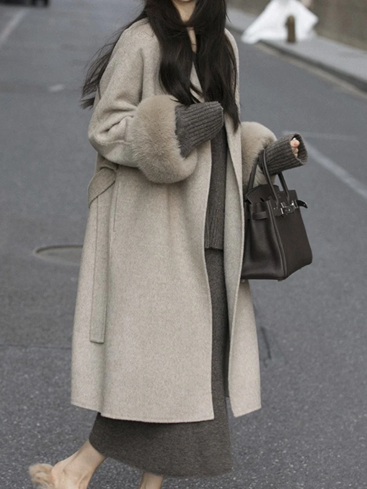 Giacca di lana Nuovo collo in vera pelliccia di volpe Giacca di lana di cashmere double face Donna O-collo lungo Abiti invernali eleganti femminili