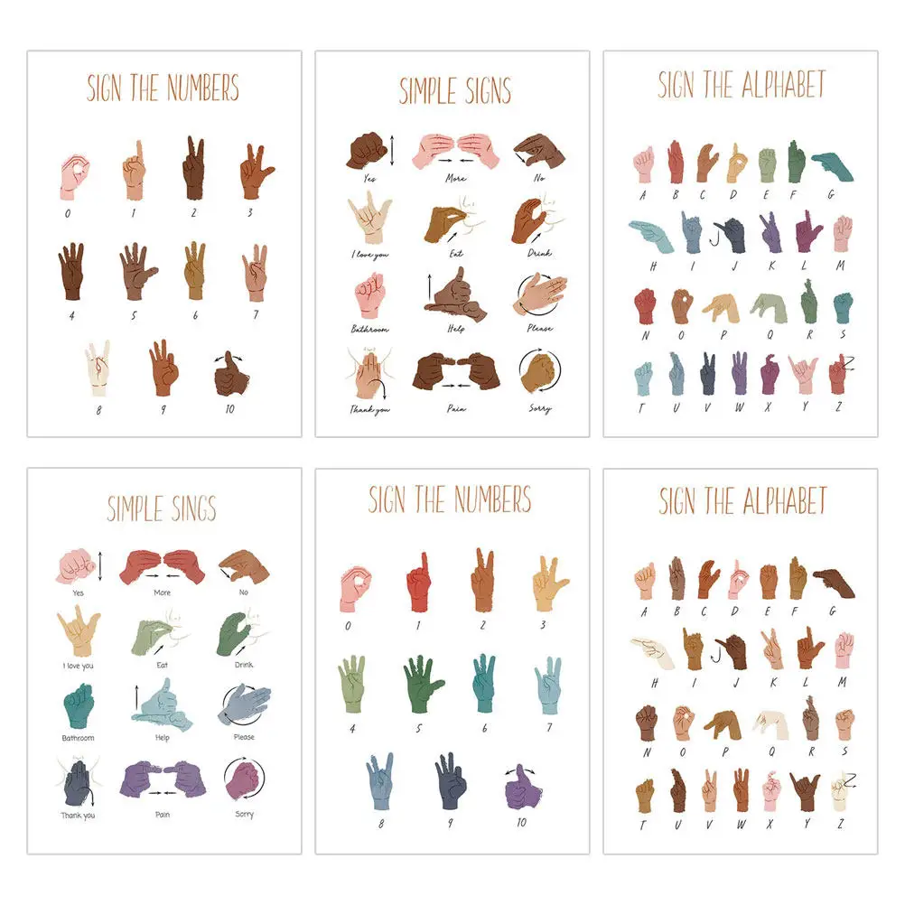 6Pcs Sign Language Posters Canvas Set Alphabet Numbers Educational Charts for Classroom Home Office Learning Aid
