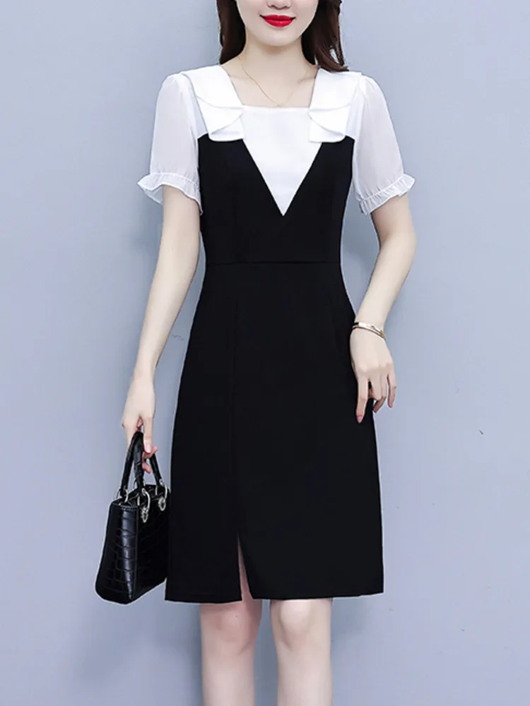 #7976 False Two Piece A-line Dress Women Knee-length Office Elegant Ladies Dresses Square Collar Korean Fashion High Waisted 