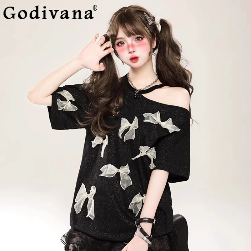 

Sweet Bow Off-the-shoulder Personalized Short Sleeve Cute Crew Neck T-shirt 2025 Girl Summer New Chic Loose Simple Versatile Top