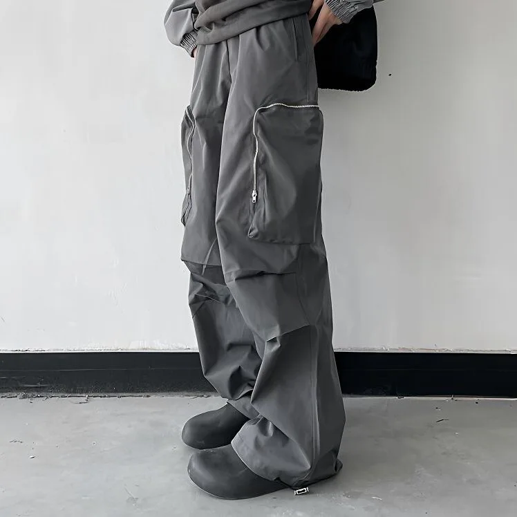 Pantalones de cintura elástica informales de gran tamaño con múltiples bolsillos y cremallera de marca a la moda para hombre, pantalones Cargo holgados Retro neutros con diseño de Hip-hop