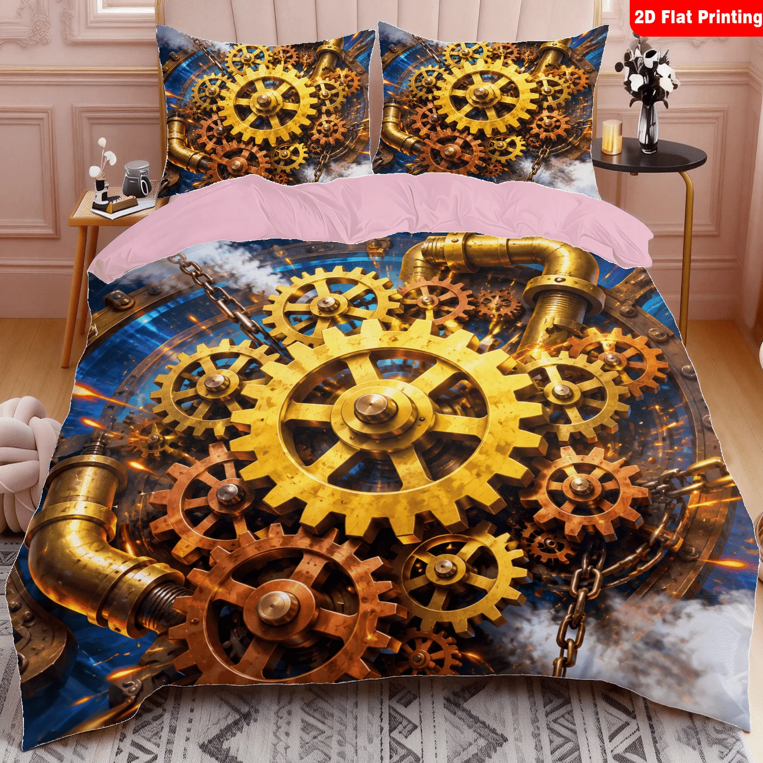 Golden Ndustrial Gear Bedding Set Twin Full King Size Steampunk Style Duvet Cover Mechanical Device Comforter Cover for Boys Men
