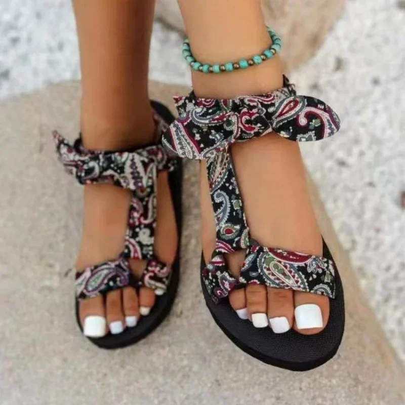 

New Summer Women Sandals Color Flat Casual Lace Up Bow Shoes for Ladies Fashion 2025 Outdoor Leopard Beach Mujer Woman Shoes