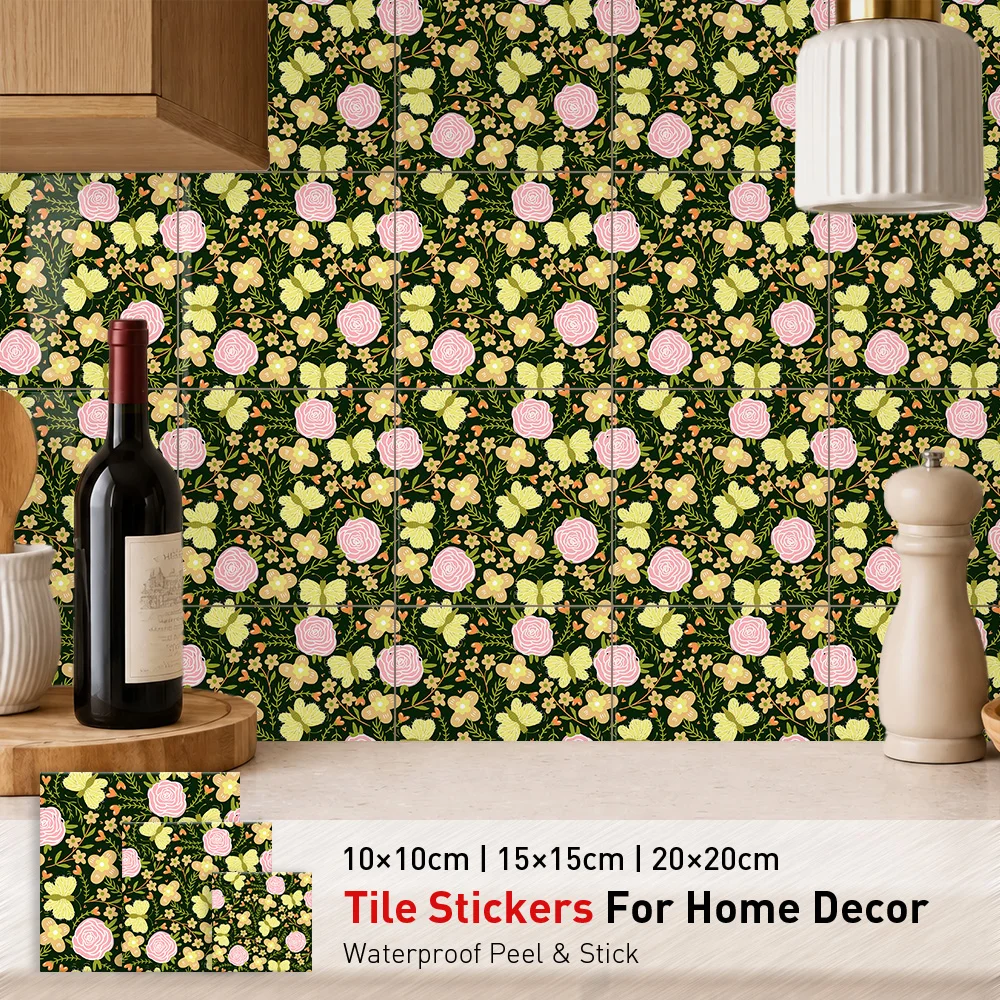 Dark Green Floral Tile Stickers Waterproof Peel and Stick Self Adhesive Oil Proof Backsplash Decals Wallpaper for Chintz Decor
