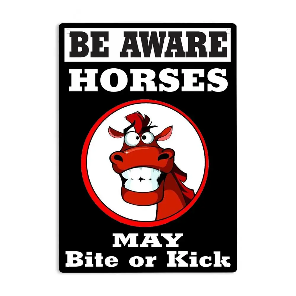 Be Aware Horses May Bite Or Kick Sign Metal Tin Signs, Be Aware Horses Poster for Home Office Farm Pasture Mountain Man Cave Wal