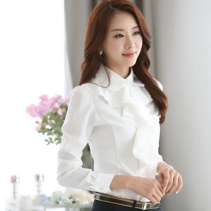 2024 Blouse Women Flounce White Shirt Women's Long-Sleeved Chiffon Shirt Top Blusas Mujer De Moda