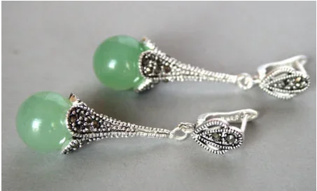 

RARE 925 STERLING SILVER NATURAL GREEN Natural Jade BEADS MARCASITE EARRINGS