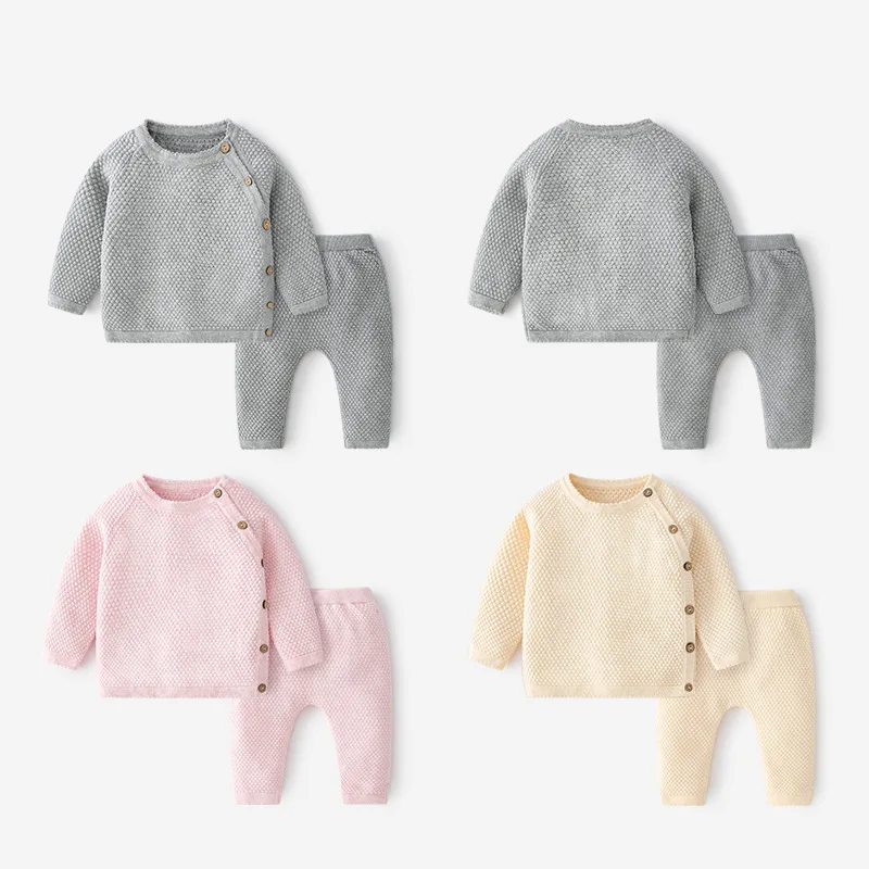 new Spring Autumn Newborn Girls 2PCS Sleep Set Solid Wave Point Side Buckle Knitwear Cotton Elastic Pants Suit Baby Girl Pajamas