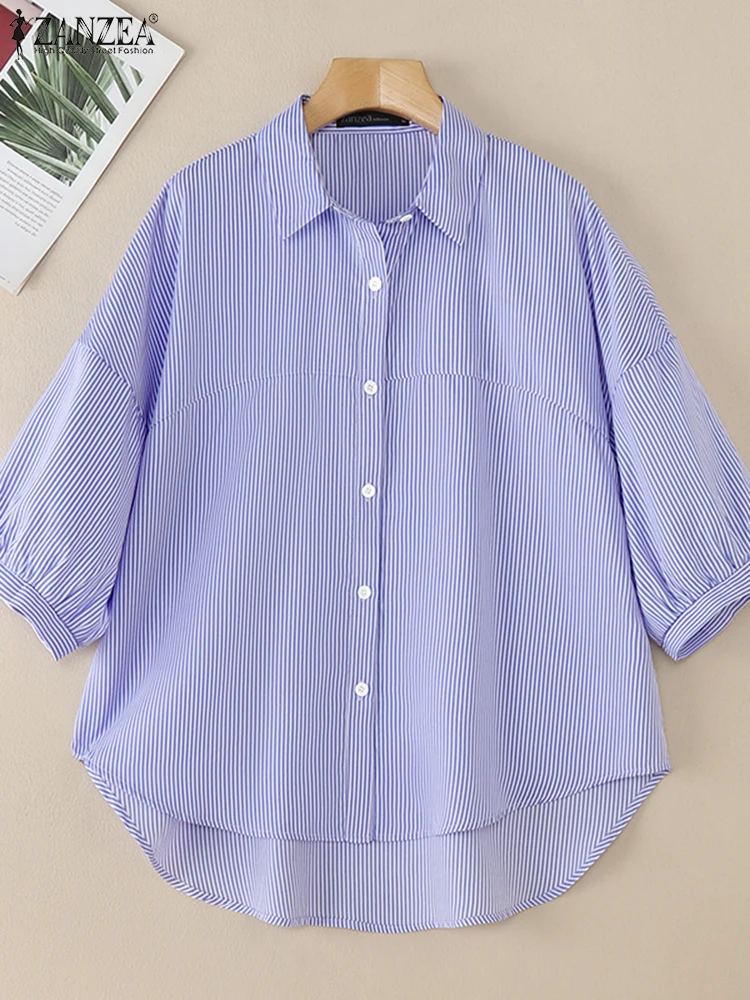 ผู้หญิงฤดูร้อนลาย ShirtZANZEA Elegant ทํางาน OL เสื้อ 3/4 แขนยาว Blusas แฟชั่น High-Low Tunic Casual Chemise