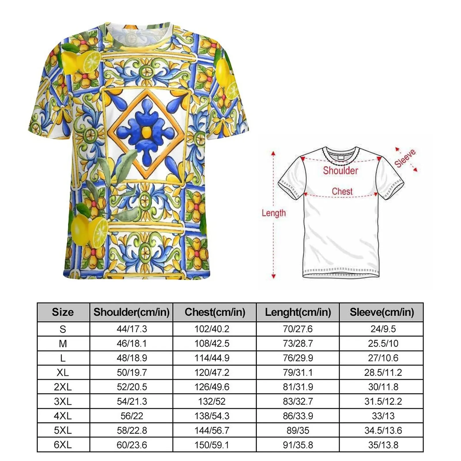 Majolica Lemon T Shirt Citrus Flowers Tiles Fashion T-Shirts Short-Sleeved Printed Tshirt Cheap Summer Casual Big Size Tees