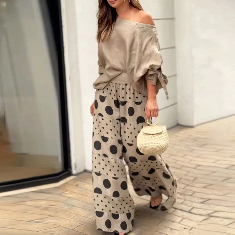 Women Fashion Polka Dot Print Office Set Fall Long Sleeve 2pcs Loose Suit Spring One Shoulder Blouse Top&Wide Leg Pants Outfits