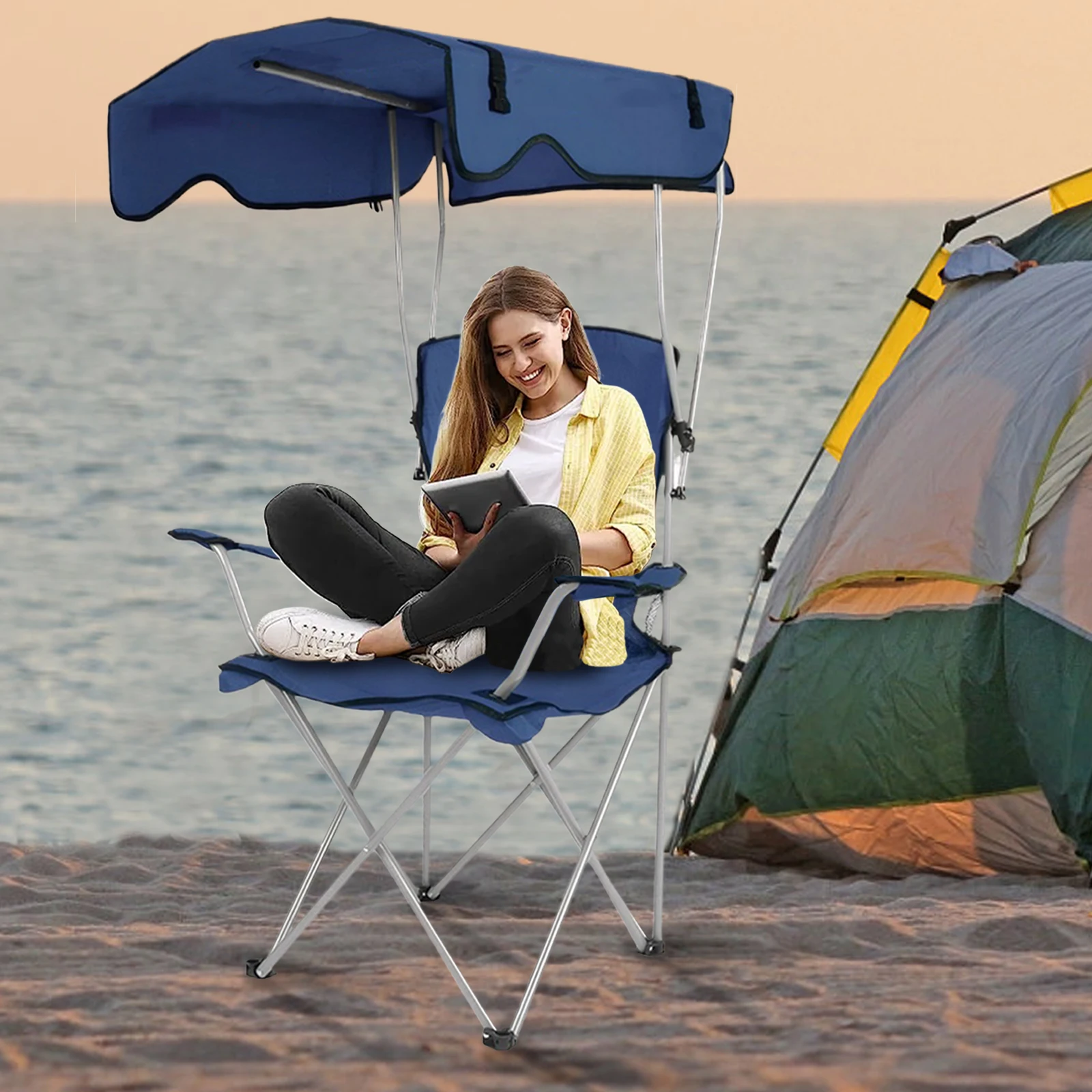 

Открытый одиночный стул с потолком и подстаканником, большой стул для кемпинга, газона, износостойкий портативный стул с солнцезащитным козырьком для путешествий у бассейна