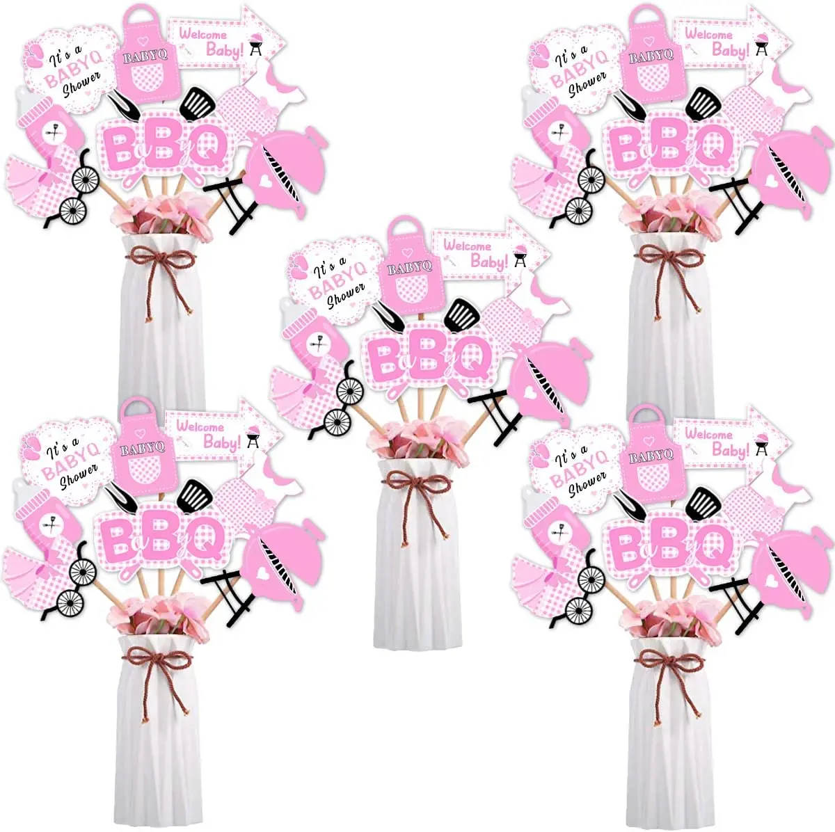 

Funmemoir 24 Pieces BBQ Baby Shower Centerpieces Sticks Decorations for Girl Pink Baby Q Table Toppers for Barbecue Theme Party