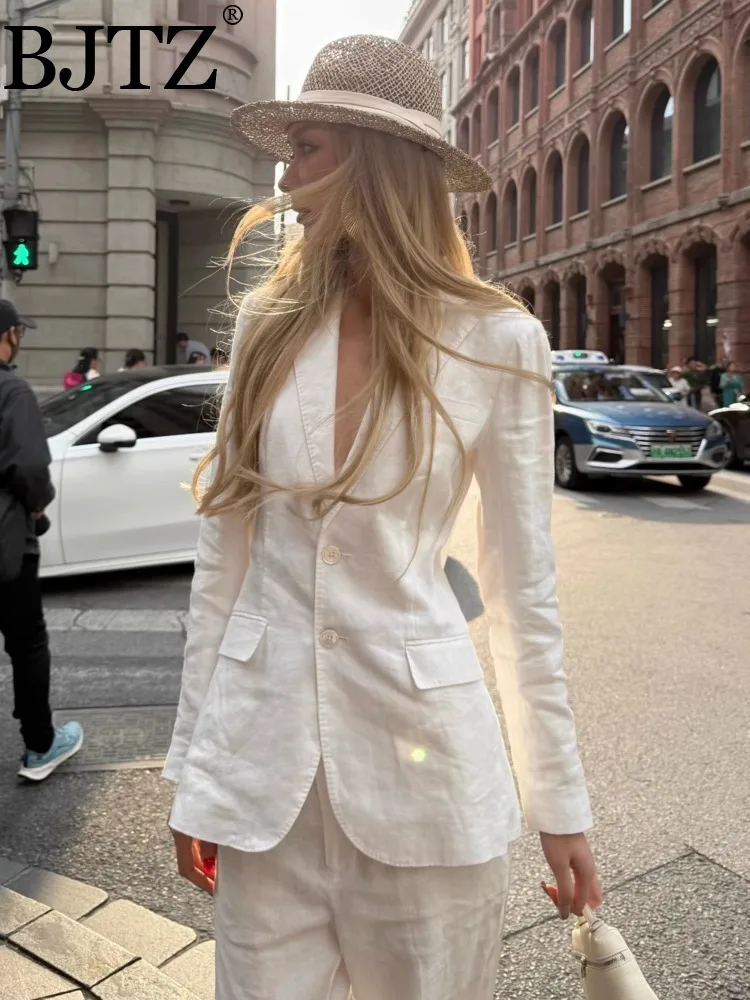 

BJTZ женский льняной пиджак, новинка лета 2024, модный офисный женский однотонный модный женский повседневный пиджак, пальто, одежда