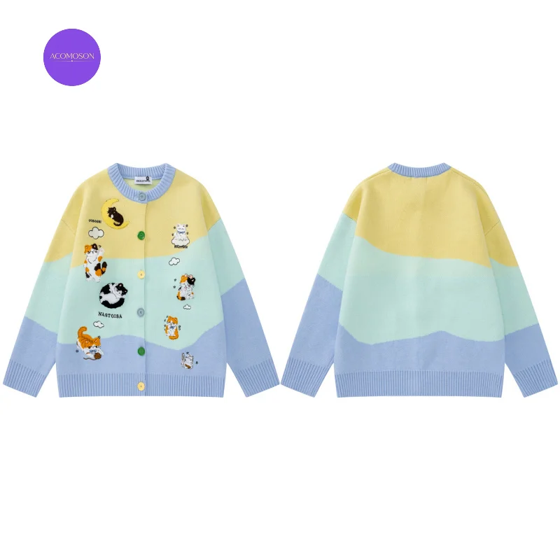 ACOMOSON Retro Cartoon Cat Embroidery Cardigan For Men Women Color-Blocking Oversize Casual Fun Knit Sweater Jacket